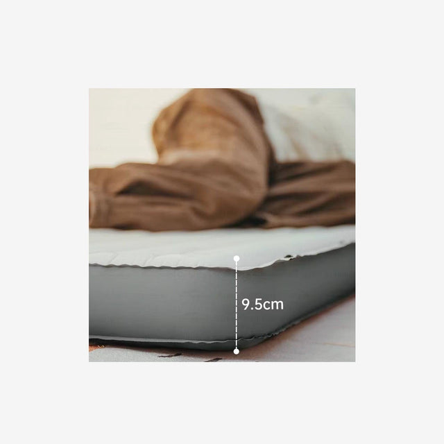 Side view of connectable air mattress showing interlocking edges and seams
