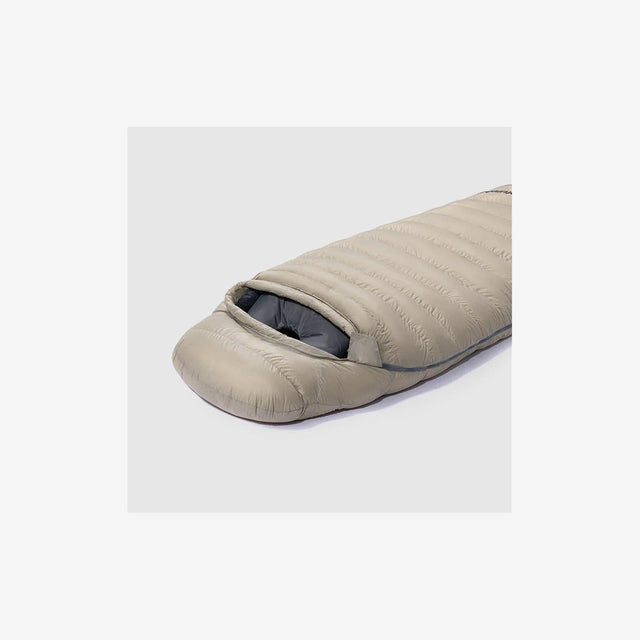 Side view of CW700 mummy sleeping bag with draft collar and hood shape