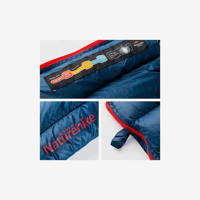 Close-up of CW280 sleeping bag zipper and lightweight down insulation