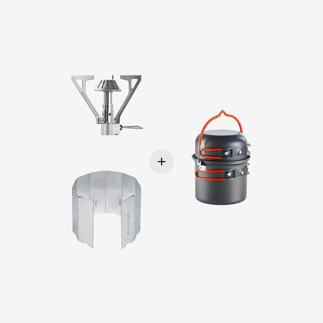 Ultralight Folding Camp Stove + 10 Piece Wind Shield + 4 Piece Cooking Set (Update) Bundle