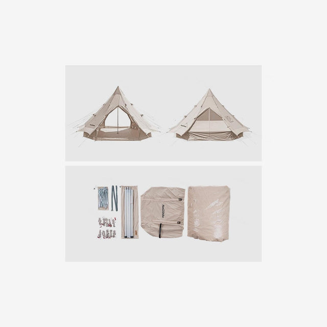 Side view of pyramid tent showing steep walls and wide base