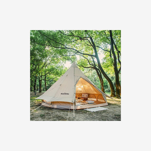 Side view of pyramid tent showing steep walls and wide base