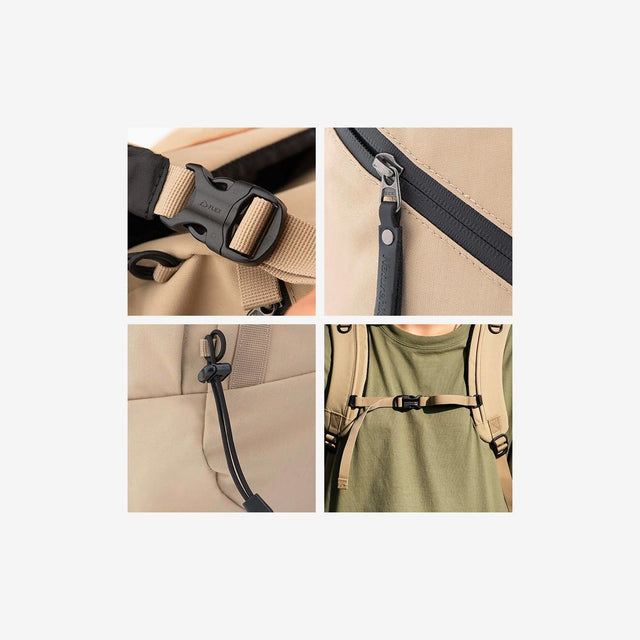 Close-up of durable fabric, zippers, and adjustable straps