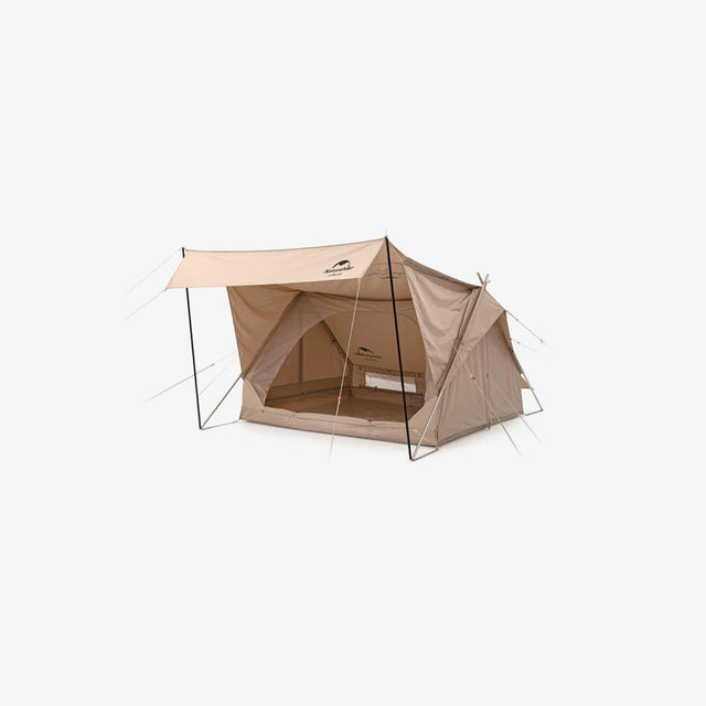 Side view showing entrance flap, guy lines, and tent structure