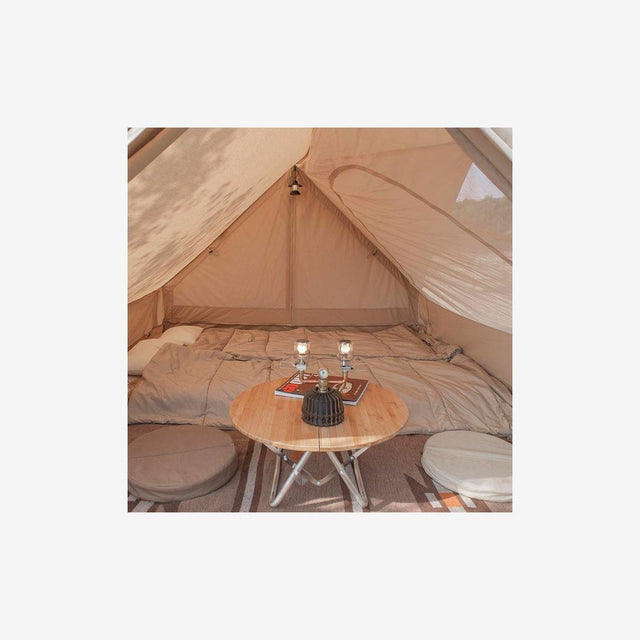 Close-up of durable cotton fabric, mesh windows, and reinforced tent poles