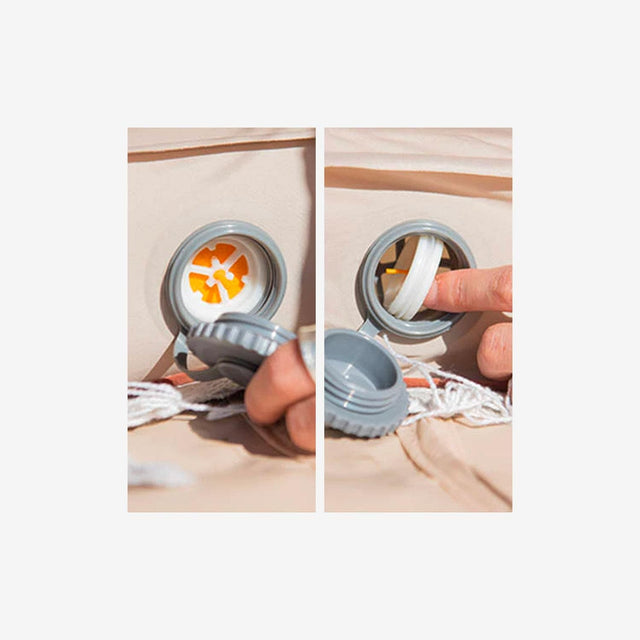 Close-up of self-inflating foam texture and air valve system for easy setup