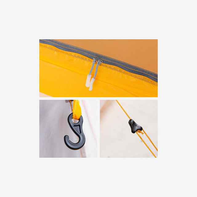 Close-up of lightweight 10D nylon fabric, reinforced poles, and ventilation mesh