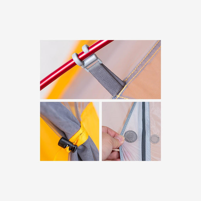 Close-up of lightweight 10D nylon fabric, reinforced poles, and ventilation mesh