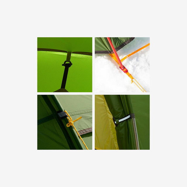 Close-up of waterproof flysheet, ventilation mesh, and lightweight aluminum pole structure