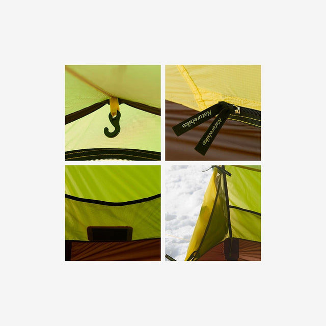 Close-up of waterproof flysheet, ventilation mesh, and lightweight aluminum pole structure