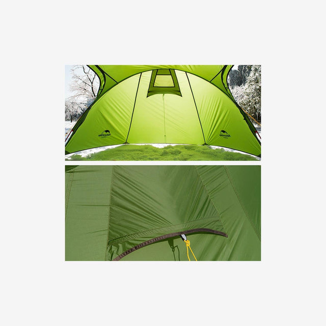 Campers setting up the Opalus 3P tent on a mountain or forest campsite