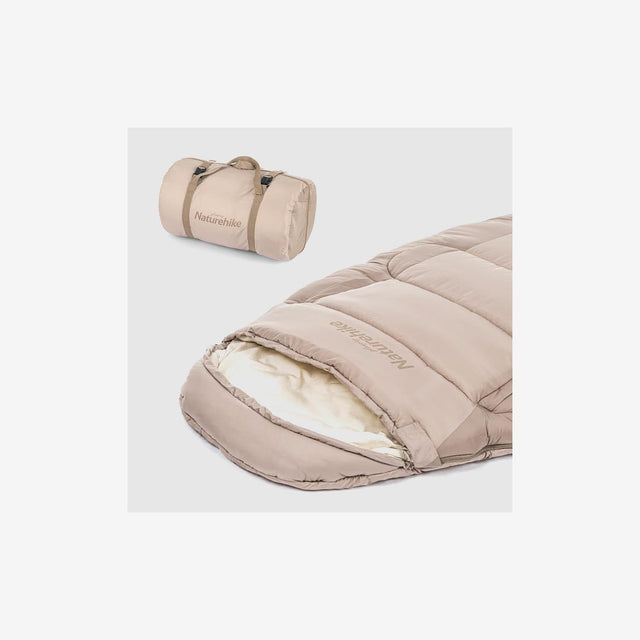 Side view of oval sleeping bag showing rounded edges and spacious interior