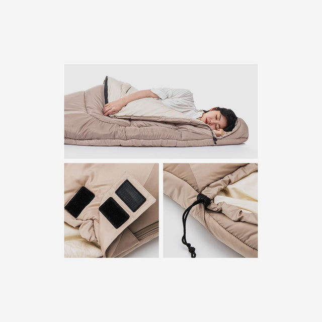 Close-up of oval sleeping bag stitching and breathable lining detail