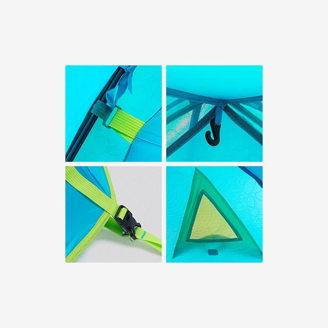 Close-up of waterproof flysheet, ventilation mesh, and lightweight aluminum poles