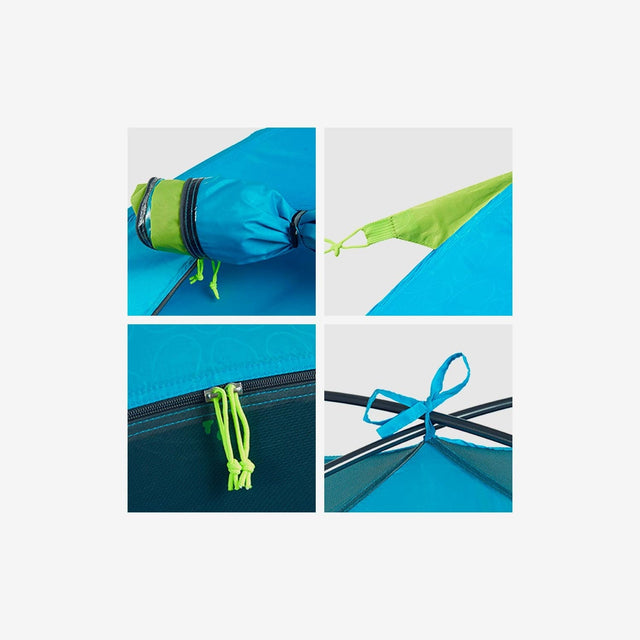 Close-up of waterproof flysheet, ventilation mesh, and lightweight aluminum poles