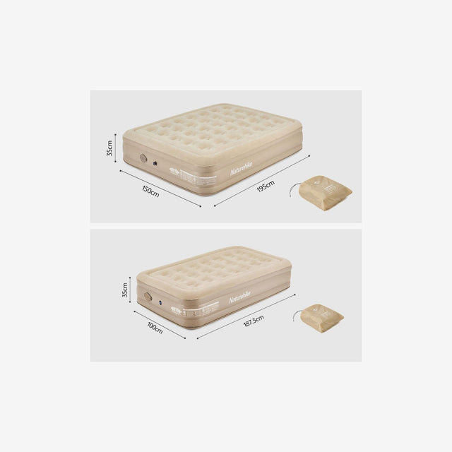 Side view of PVC airbed showing quilted surface and integrated air pump
