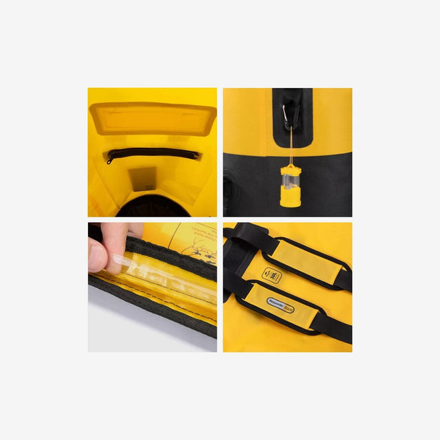 Close-up of waterproof zippers, compartment dividers, and durable fabric
