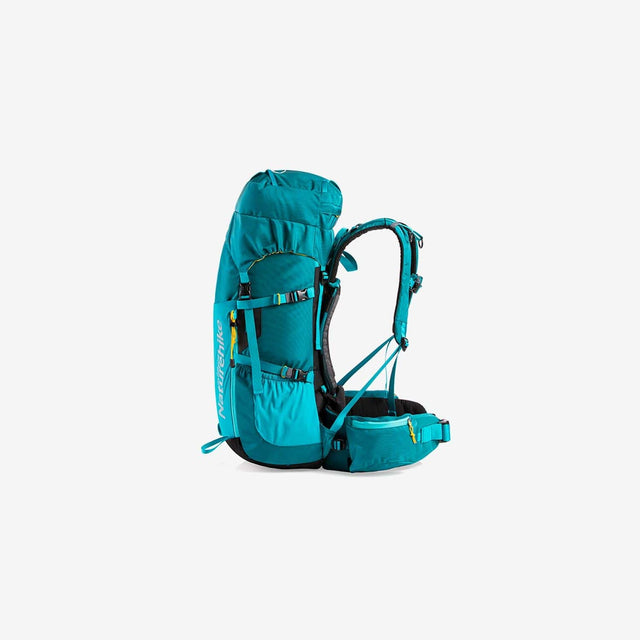Side view of 45L hiking backpack showing mesh side pockets and compression straps