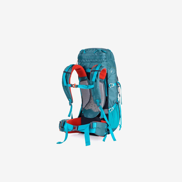Side view of hiking backpack showing padded shoulder straps and hydration pack