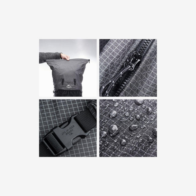 Close-up of ripstop nylon fabric, padded shoulder straps, and secure buckles