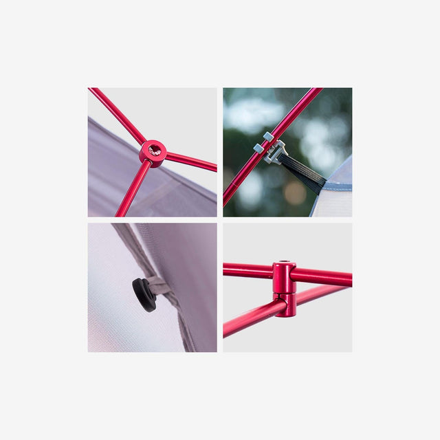 Close-up of lightweight nylon fabric, reinforced aluminum poles, and ventilation mesh